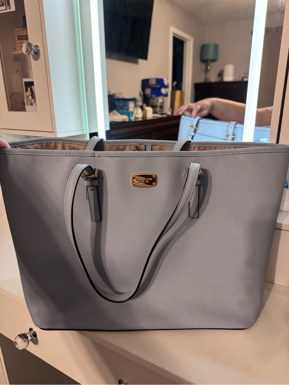 Michael Kors Light Gray Saffiano Tote with Gold Logo Plaque